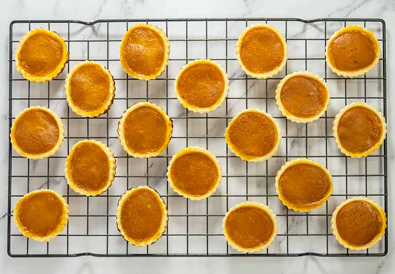 Twenty small pumpkin pies with golden-brown tops are neatly arranged in rows on a black cooling rack placed on a marble countertop. Resembling pumpkin pie cookies, these treats have a smooth filling and are encased in light, flaky pastry crusts.