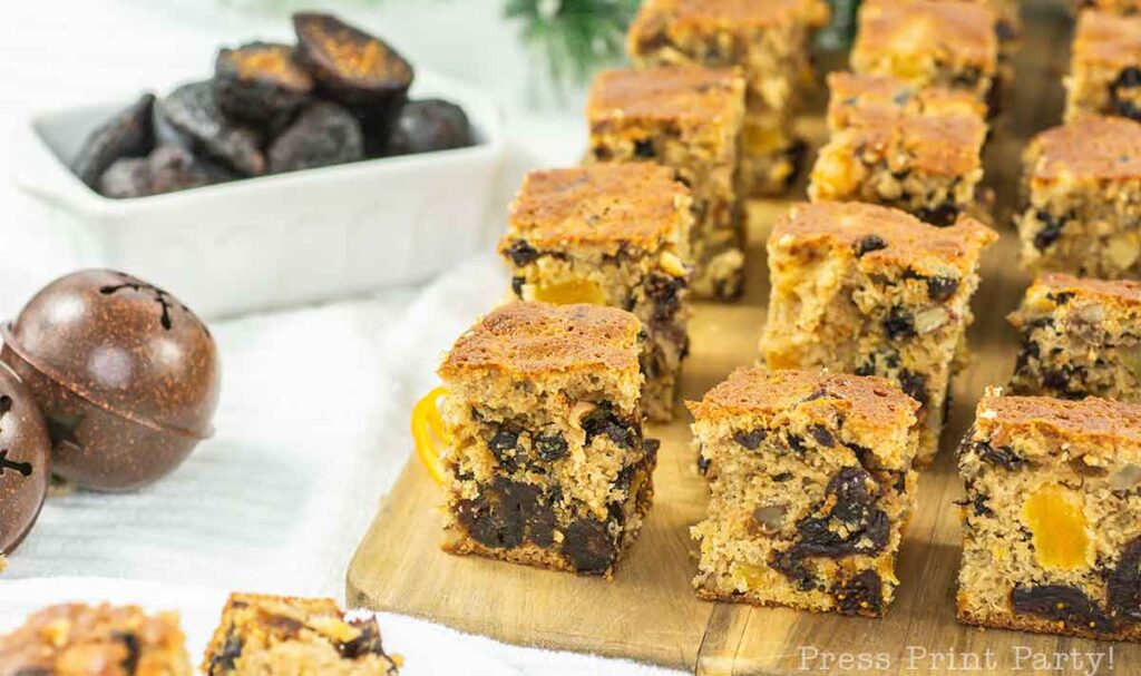 Spiced Rum Fruitcake Bites on a festive holiday platter