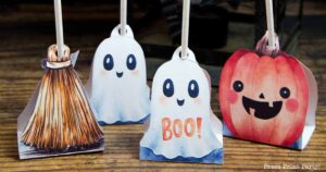 broom, ghost, pumpkin with lollipop