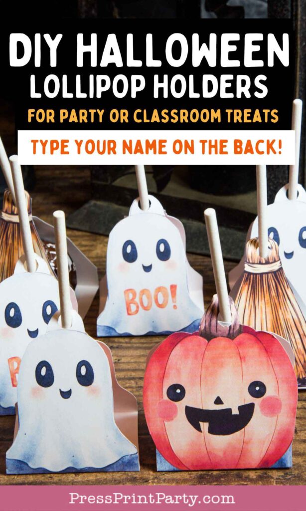 diy halloween lollipop holders for party or classroom treats. type your name on the back
