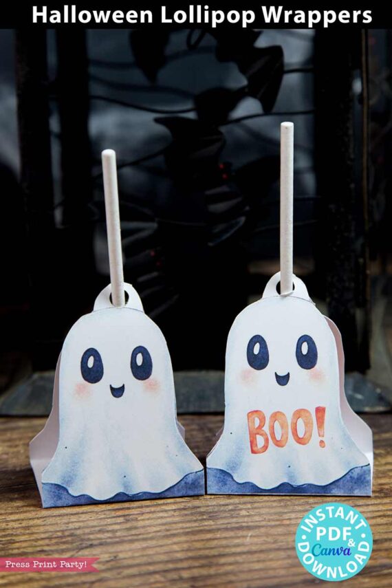 2 ghost lollipop holders one with Boo