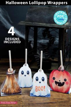 4 designs of lollipop holders with ghost, broom and pumpkin
