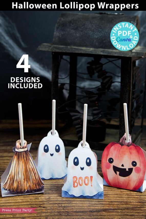 4 designs of lollipop holders with ghost, broom and pumpkin