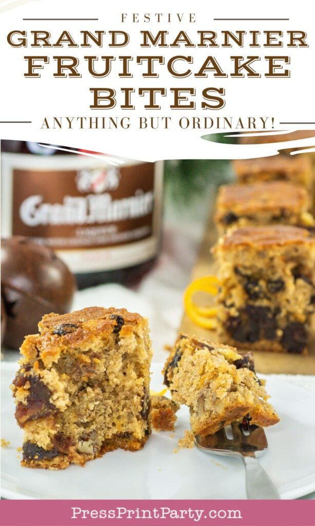 Close-up of Grand Marnier fruitcake bites on a white plate, featuring a slice being eaten with a fork. The text on the image reads, "Festive Grand Marnier Fruitcake Bites - Anything but ordinary!" A bottle of Grand Marnier is visible in the background.