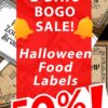 Promotional image for a 2-day BOGO SALE on Halloween Treat Toppers. The background features various spooky label designs, while bold red and white text highlights a 50% discount. Two bell icons flank the "BOGO SALE" text.
