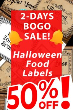 Promotional image for a 2-day BOGO SALE on Halloween Treat Toppers. The background features various spooky label designs, while bold red and white text highlights a 50% discount. Two bell icons flank the 