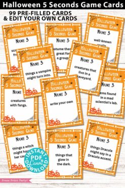 Explore the "Halloween 5 Seconds Game Cards Printable," a collection of Halloween-themed game cards. These humorous cards challenge players to swiftly name spooky creatures and items, with some including blank spaces for your own creative ideas—ideal for incorporating into your funny Halloween porch signs!