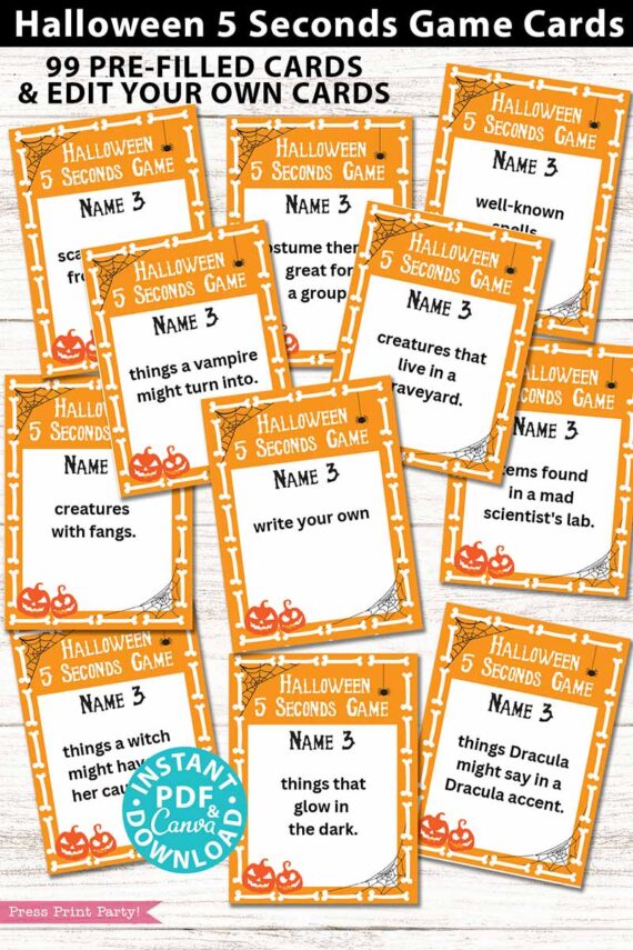 Explore the "Halloween 5 Seconds Game Cards Printable," a collection of Halloween-themed game cards. These humorous cards challenge players to swiftly name spooky creatures and items, with some including blank spaces for your own creative ideas—ideal for incorporating into your funny Halloween porch signs!