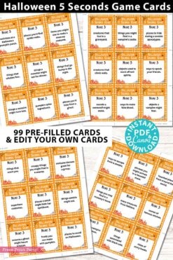 Image of four sheets from the Halloween 5 Seconds Game Cards Printable, ideal for an entertaining game night. These cards have white backgrounds adorned with orange spiderweb designs and each card includes a prompt such as "Name 3 creatures that fly," along with spaces for players to answer. Pair them with humorous Halloween porch signs to enhance your festive decorations!