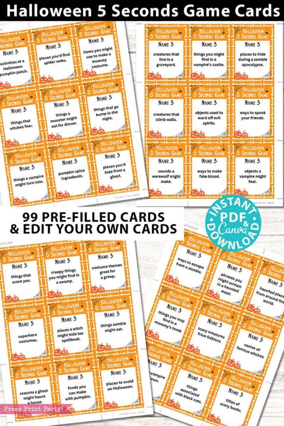Image of four sheets from the Halloween 5 Seconds Game Cards Printable, ideal for an entertaining game night. These cards have white backgrounds adorned with orange spiderweb designs and each card includes a prompt such as "Name 3 creatures that fly," along with spaces for players to answer. Pair them with humorous Halloween porch signs to enhance your festive decorations!