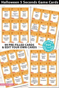 Image showcasing the Halloween 5 Seconds Game Cards Printable, adorned with festive designs like pumpkins, spider webs, and humorous Halloween porch sign motifs. The text includes a variety of quick, Halloween-themed challenges. The image also emphasizes 