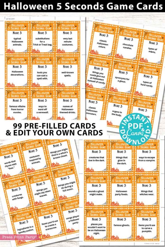 Image showcasing the Halloween 5 Seconds Game Cards Printable, adorned with festive designs like pumpkins, spider webs, and humorous Halloween porch sign motifs. The text includes a variety of quick, Halloween-themed challenges. The image also emphasizes "99 pre-filled cards & edit your own cards.