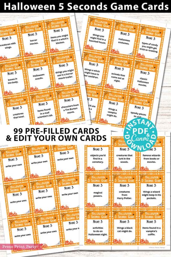 An image of Halloween 5 Seconds Game Cards Printable showcases orange and white designs with black text, reminiscent of humorous Halloween porch signs. The cards feature prompts for naming items or actions related to Halloween and include 99 pre-filled cards with editable options.