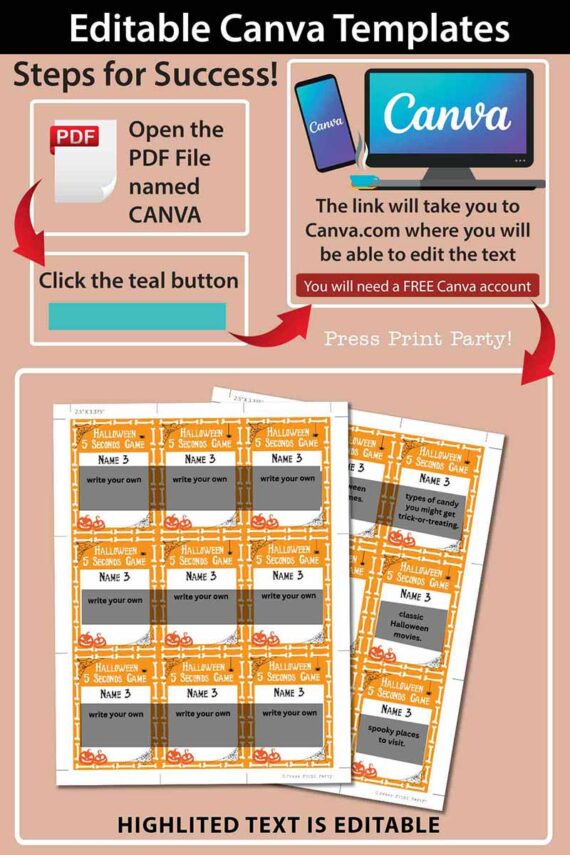 Infographic titled "Editable Canva Templates" with steps to customize a PDF. At the top, the Canva logo is displayed, followed by steps such as opening the file, clicking a button, and accessing Canva. The bottom section showcases template previews with editable text sections on orange Halloween-themed labels, perfect for "Halloween 5 Seconds Game Cards Printable.