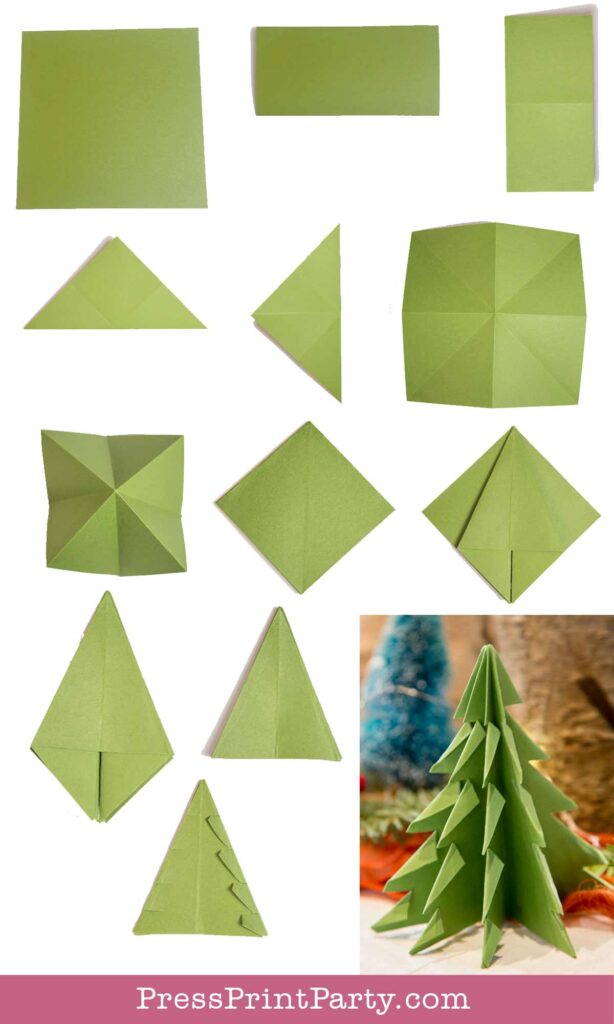 Step-by-step visual instructions for crafting a folded paper Christmas tree from green paper. The process includes folding and shaping techniques to create a 3D tree, with a final image showcasing completed trees in a decorative holiday setting.