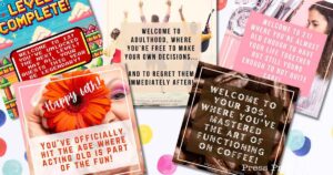 A collage of colorful birthday cards, each infused with special birthday wishes and playful messages about different decades of life. The cards highlight themes of growing up, making choices, the joy of reaching specific ages, and the humor of adulthood.