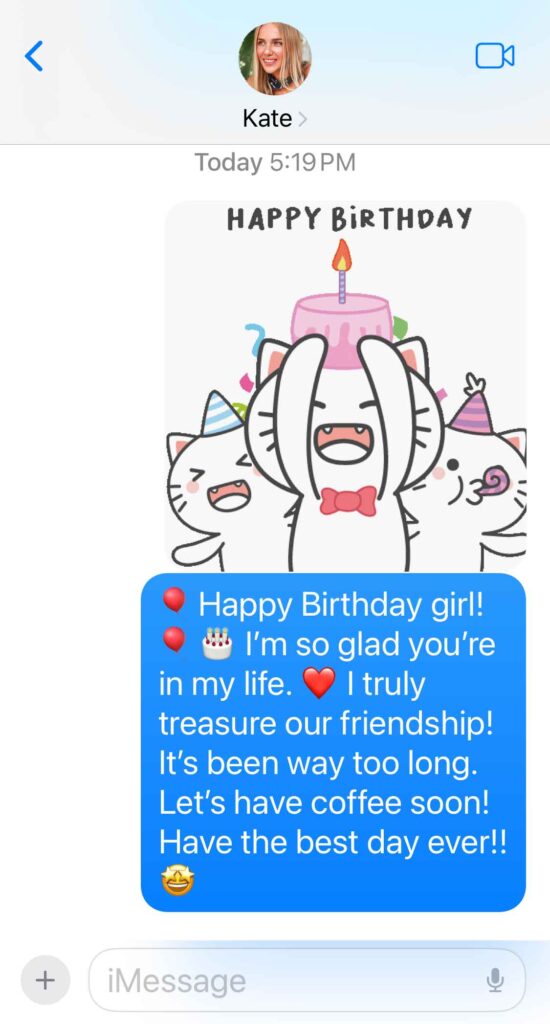 In a vibrant happy birthday text message, three cute cats don party hats and gather around a festive cake. The chat bubble shares warm birthday wishes, cherishes the bond of friendship, and sets plans to meet for coffee, adding a delightful touch to the celebration.