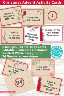 Celebrate the holiday season with our Advent Calendar Cards Printable Rustic Christmas Countdown, featuring a collection of unique advent calendar card designs. Enjoy festive activities like making popcorn strings, writing to Santa, and indulging in ice cream. This set includes 24 cards with options for pre-filled or editable text and comes in both rustic and white background styles.