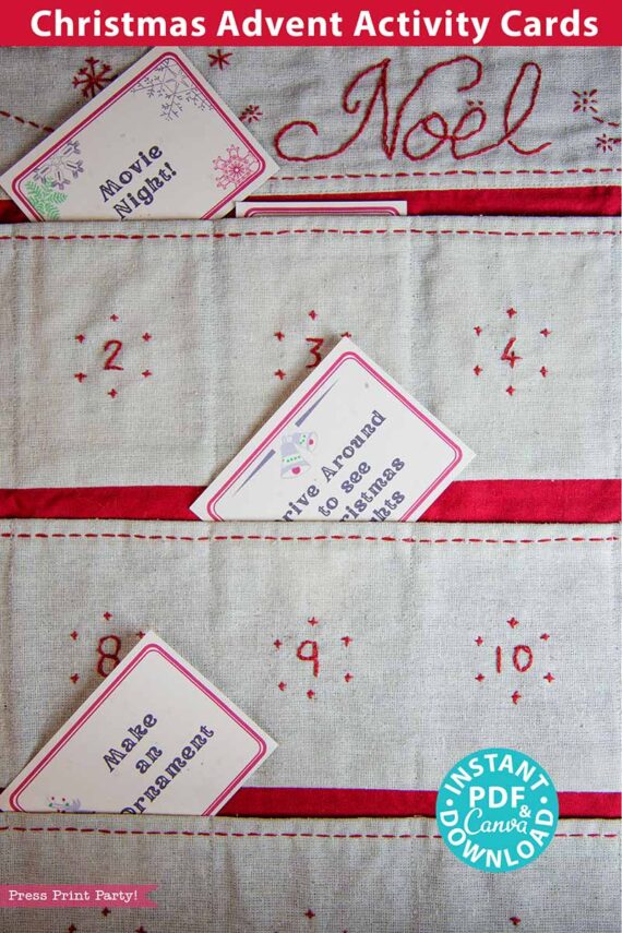 The Advent Calendar Cards Printable Rustic Christmas Countdown offers a festive touch with its vibrant red and white pockets. Inside, you'll find cards for special days numbered 2, 8, and 10 that invite you to celebrate the season with activities such as "Noel," "Movie Night," "Drive Around to See Xmas Lights," and "Make an Ornament.
