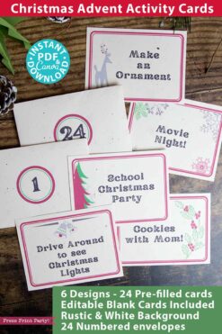 Introducing the Advent Calendar Cards Printable Rustic Christmas Countdown! This set features festive activity cards, including fun tasks such as making an ornament, having a movie night, and preparing for school parties. Accompanied by 24 numbered envelopes on a charming rustic white background, this product is available as a PDF download.
