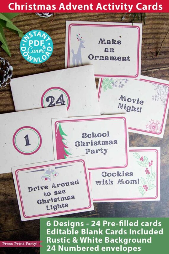 Introducing the Advent Calendar Cards Printable Rustic Christmas Countdown! This set features festive activity cards, including fun tasks such as making an ornament, having a movie night, and preparing for school parties. Accompanied by 24 numbered envelopes on a charming rustic white background, this product is available as a PDF download.