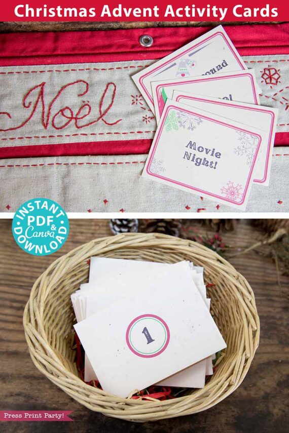 A charming festive display pulls you in with its collection of "Advent Calendar Cards Printable Rustic Christmas Countdown." The top half highlights advent calendar cards such as "Movie Night!" decorated with holiday designs, while the bottom half displays a wicker basket holding a card labeled "1." A tag emphasizes that it's an instant PDF and Canva download.
