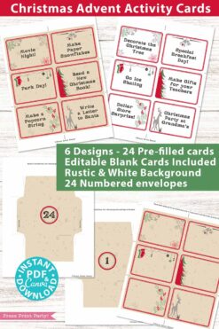 The Advent Calendar Cards Printable Rustic Christmas Countdown features six delightful designs, offering 24 pre-filled and customizable blank cards with rustic and white backgrounds. Complete with 24 numbered envelopes and cheerful festive illustrations, this set is an ideal choice for a joyful countdown. Available for download in PDF format.