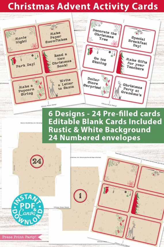 The Advent Calendar Cards Printable Rustic Christmas Countdown features six delightful designs, offering 24 pre-filled and customizable blank cards with rustic and white backgrounds. Complete with 24 numbered envelopes and cheerful festive illustrations, this set is an ideal choice for a joyful countdown. Available for download in PDF format.