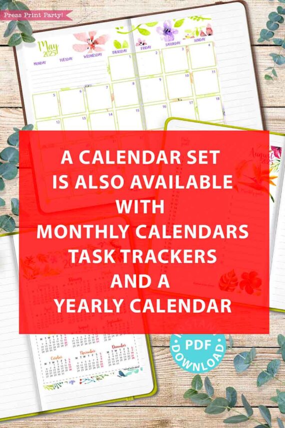 An open planner featuring a watercolor-inspired May calendar page, surrounded by colored pencils and a red overlay reading "A 2025 Calendar Bundle for Bullet Journals or Binders is available, complete with monthly calendars, task trackers, and a yearly calendar." A "PDF Download" badge is displayed at the bottom.