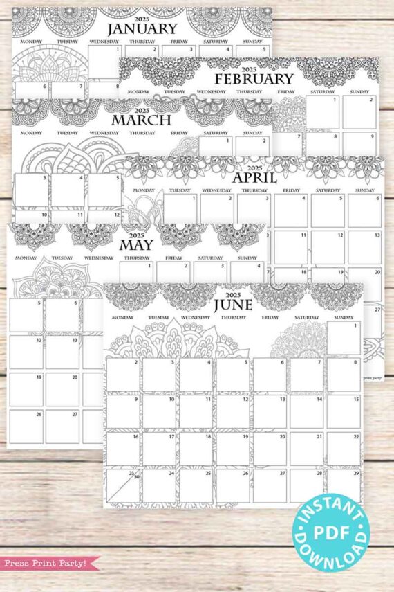 A 2025 One Page Calendar at-a-glance Printable Mandala showcasing intricate designs from January to June is laid out on a wooden surface, accompanied by a blue circular label at the bottom right that states "Instant PDF Download.