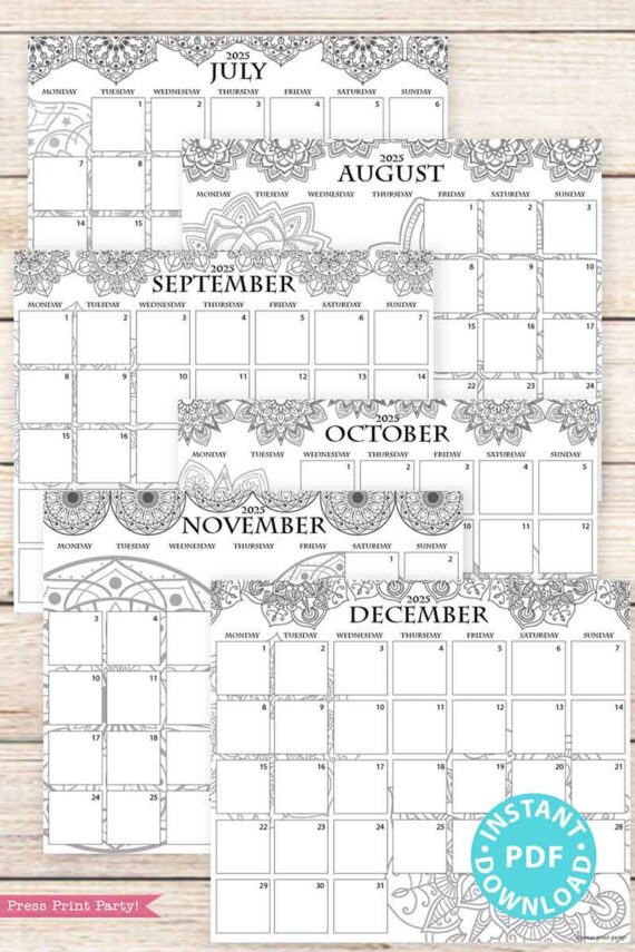 Introducing the "2025 One Page Calendar at-a-glance Printable Mandala," a decorative calendar displaying months from July to December. Each month is accented with an intricate mandala design at the top, maintaining a clean and organized layout. Ample space for notes is available in each day's box, and the bottom right features a circular "Instant Download PDF" badge.