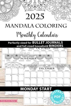 The 2025 One Page Calendar at-a-glance Printable Mandala offers monthly pages for October, November, and December. Each page is adorned with intricate mandala designs for coloring. This one-page-per-month calendar is available as an instant PDF download and fits seamlessly into bullet journals and binders.