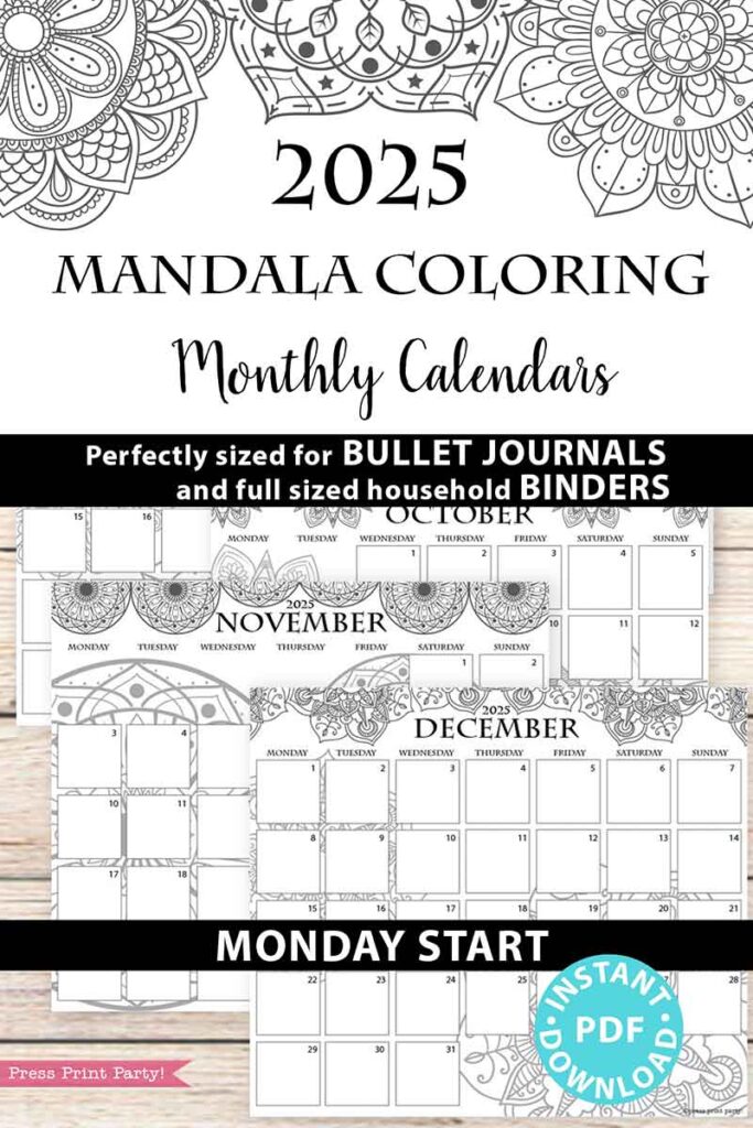 Monday Start 2025 Monthly Calendars for Bullet Journals or Binders ...