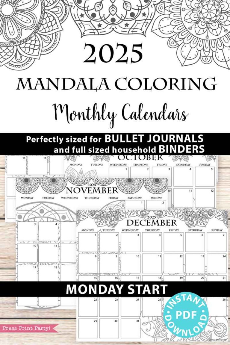 Monday Start 2025 Monthly Calendars for Bullet Journals or Binders, Mandala [Printable]