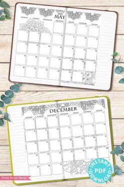 An open planner displays the May and December 2025 calendars, featuring elegant floral designs framed by eucalyptus branches. A pink ribbon bookmark peeks out, while a green sticker announces "Instant Download PDF." Ideal for planning ahead with your 2025 One Page Calendar at-a-glance Printable Mandala.
