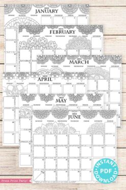 This 2025 printable calendar, covering January to June, is beautifully presented on a wooden surface and features intricate floral patterns for coloring each month. It comes with a badge indicating 