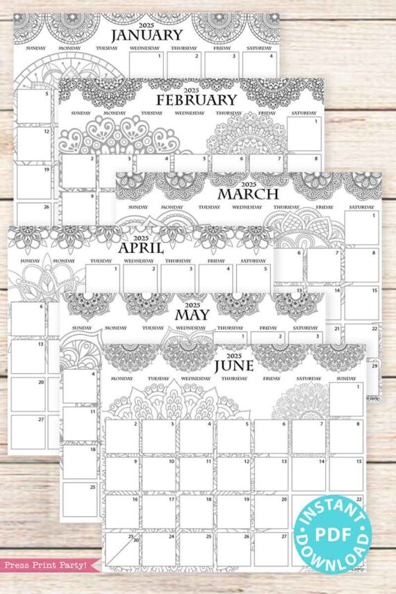 This 2025 printable calendar, covering January to June, is beautifully presented on a wooden surface and features intricate floral patterns for coloring each month. It comes with a badge indicating "Instant PDF Download" for immediate enjoyment, allowing an easy transition to the sleek 2025 One Page Calendar at-a-glance Printable Mandala.