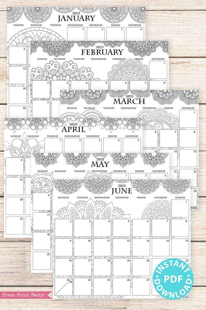 2025 Monthly Calendars for Bullet Journals or Binders, Mandala
