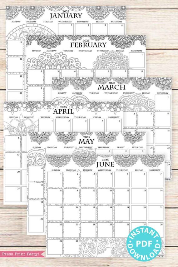 Explore our 2025 One Page Calendar at-a-glance Printable Mandala, perfect for planning ahead. Additionally, enjoy a 2025 printable calendar featuring January to June pages decorated with floral patterns on a wooden background, complete with weekdays, dates, and note spaces. Download available in PDF format.