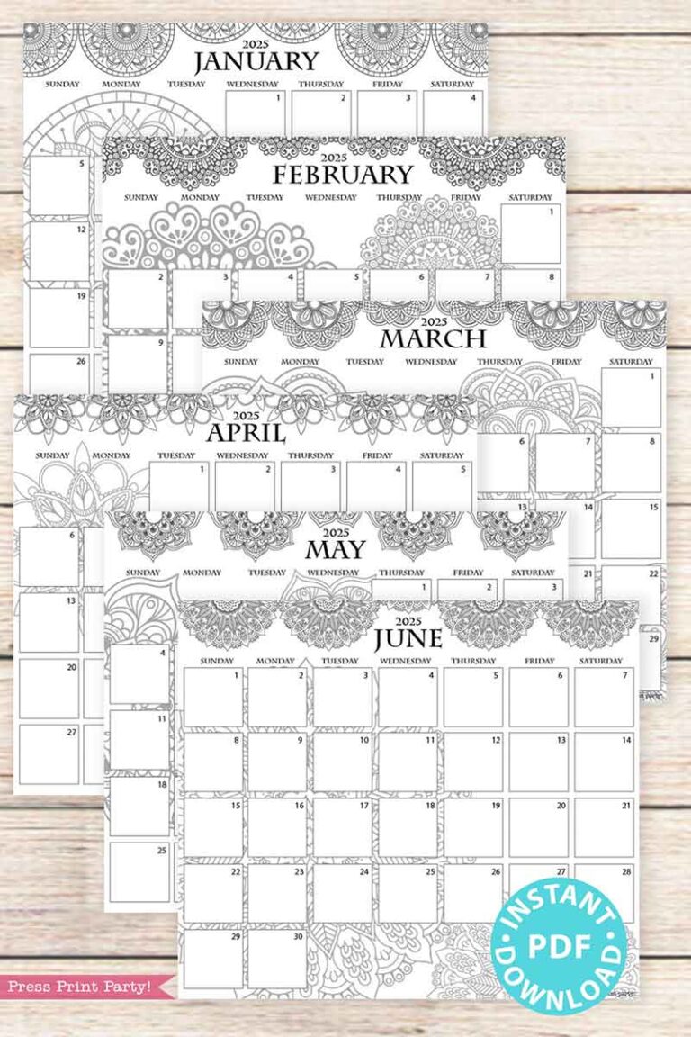2025 Monthly Calendars for Bullet Journals or Binders, Mandala
