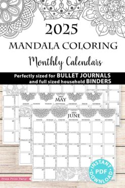 Here's an image of the 2025 One Page Calendar at-a-glance Printable Mandala. This calendar showcases intricate mandala designs with sample months for May and June displayed below. Perfect for bullet journals and household binders, it comes with a bonus one-page calendar for 2025 and offers an instant PDF download option.