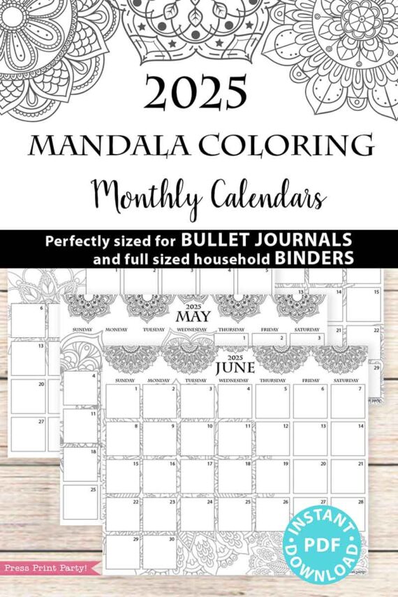 Here's an image of the 2025 One Page Calendar at-a-glance Printable Mandala. This calendar showcases intricate mandala designs with sample months for May and June displayed below. Perfect for bullet journals and household binders, it comes with a bonus one-page calendar for 2025 and offers an instant PDF download option.
