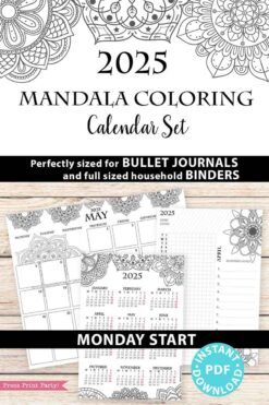 2025 One Page Calendar at-a-glance Printable Mandala Set showcasing detailed black and white designs perfect for bullet journals and binders. The set includes a 2025 one-page calendar with both monthly and yearly layouts, starting on Monday, available for instant download as a PDF.