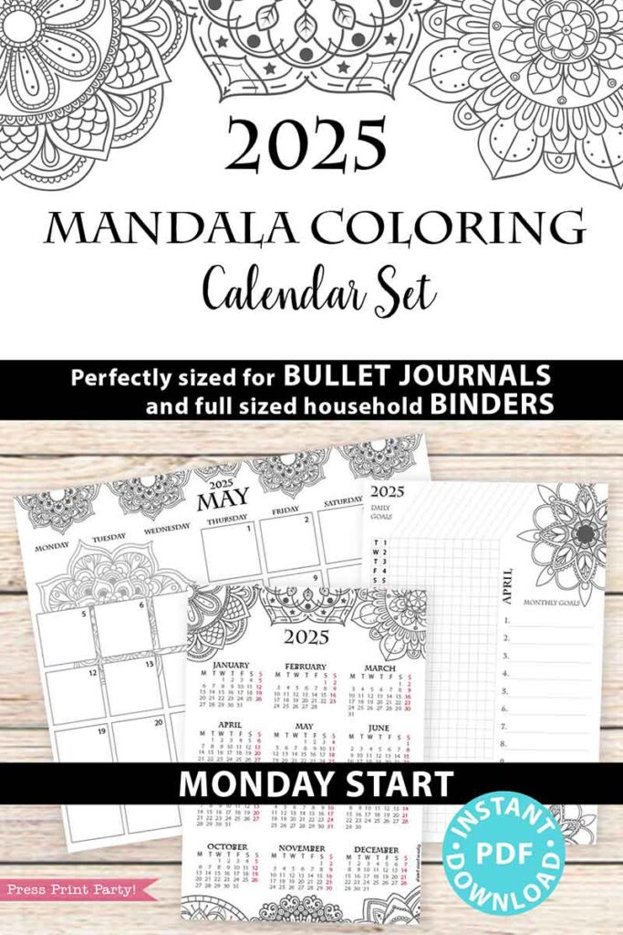 Monday Start 2025 Calendar Printable Set for Bullet Journals or Binders, Mandala [for bullet ...