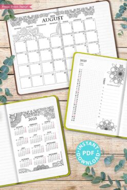A decorative calendar sits on a wood surface, surrounded by eucalyptus sprigs. The top-left displays a 2025 monthly calendar for August, while the top-right features a 2025 weekly planner page. Completing the set, the bottom-left showcases the "2025 One Page Calendar at-a-glance Printable Mandala.