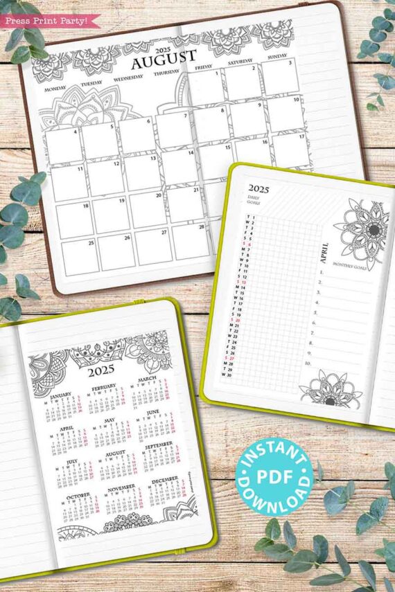 A decorative calendar sits on a wood surface, surrounded by eucalyptus sprigs. The top-left displays a 2025 monthly calendar for August, while the top-right features a 2025 weekly planner page. Completing the set, the bottom-left showcases the "2025 One Page Calendar at-a-glance Printable Mandala.