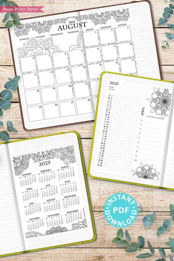 Monday Start 2025 Calendar Printable Set for Bullet Journals or Binders, Mandala [for bullet