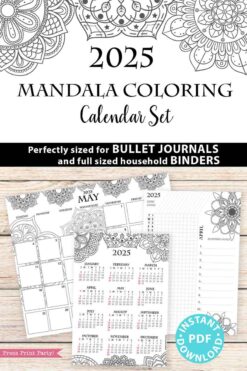 Promotional image for the 2025 One Page Calendar at-a-glance Printable Mandala, showcasing a beautiful single-page calendar design. Perfect for bullet journals and binders, it features detailed floral mandala patterns. This artistic set is offered as an instant PDF download.