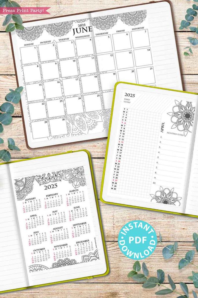 A top view of three planners on a wooden surface: the first is a monthly planner for June 2025, the second is a weekly planner, and the third is a "2025 One Page Calendar at-a-glance Printable Mandala." Each features floral designs with eucalyptus leaves scattered around.
