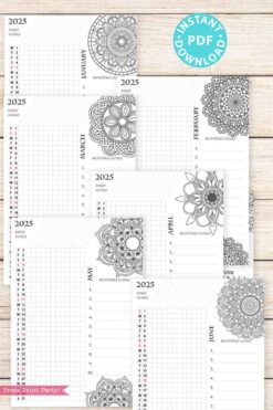 Discover our 2025 Monthly Planner Pages, which include daily sections adorned with intricate mandala designs from January to June, and offer a convenient PDF download option. Enhance your planning experience with the included 2025 One Page Calendar at-a-glance Printable Mandala for a comprehensive view of the year.